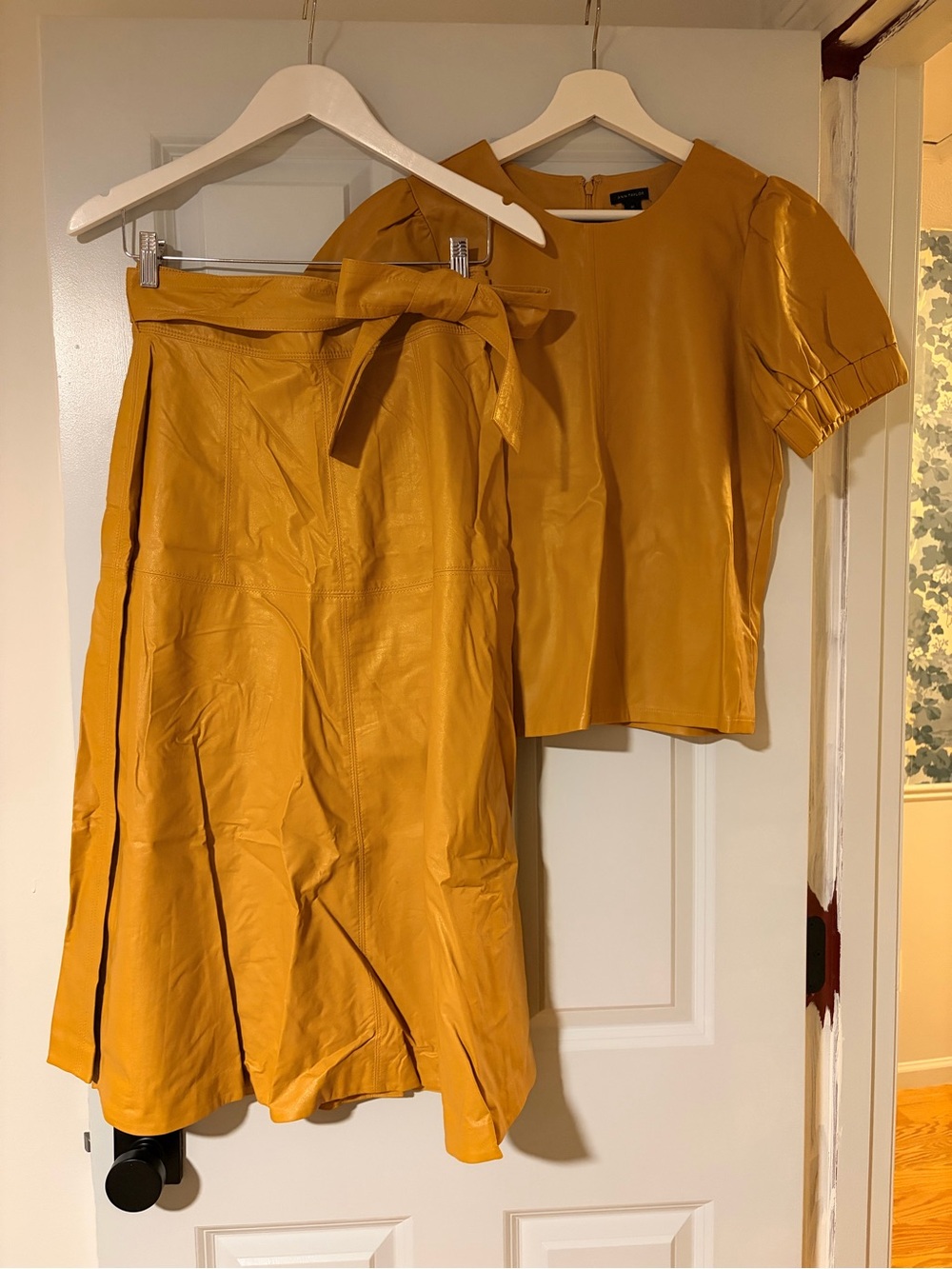 Ann Taylor Mustard Faux Leather Midi Skirt and Matching Top Set